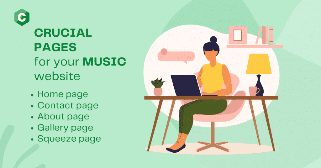 A graphic illustration of a girl working at her desk: Music Blog Ideas