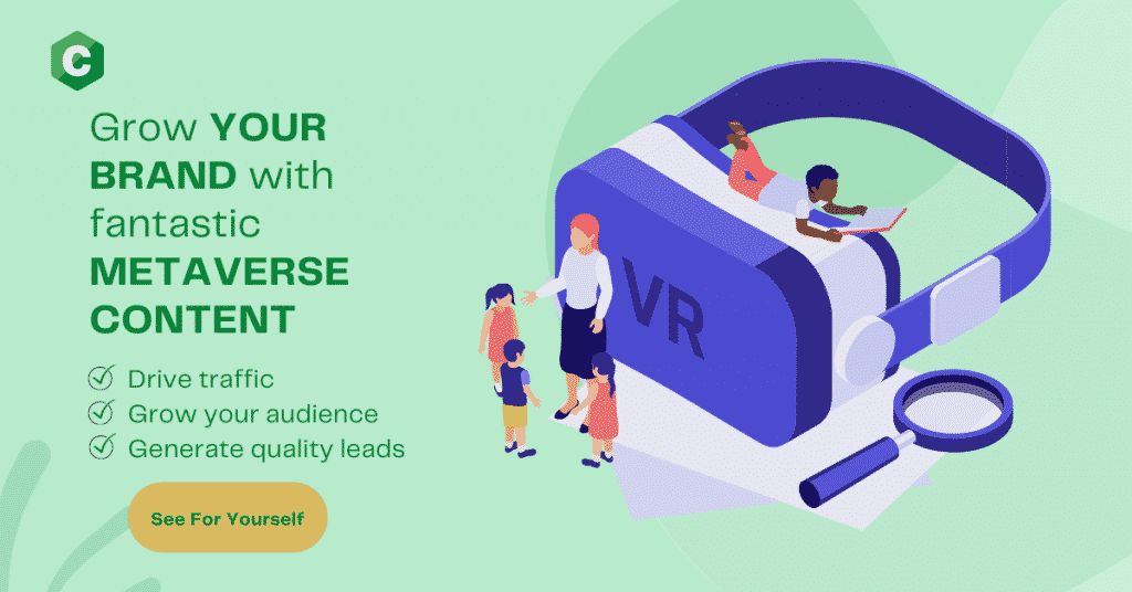 A graphic illustration of people around a virtual reality headset: Metaverse advertising