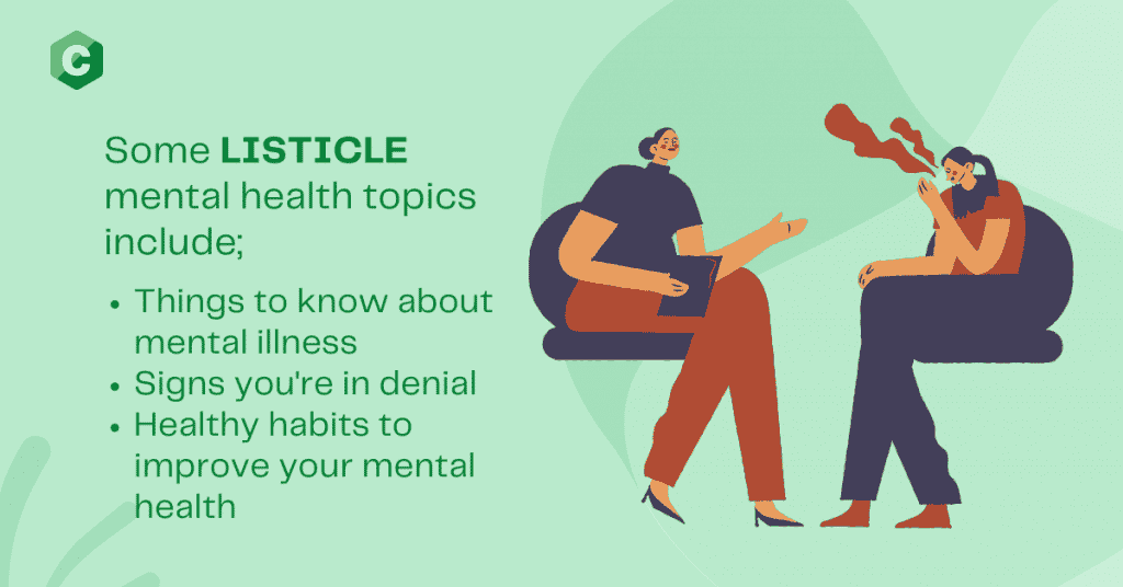 A graphic illustration of two people sitting across from each other: mental health blog topics