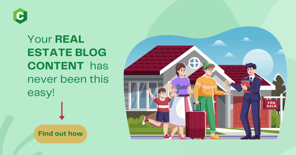 A graphic illustration of a realtor selling a house to a family: real estate blog topics