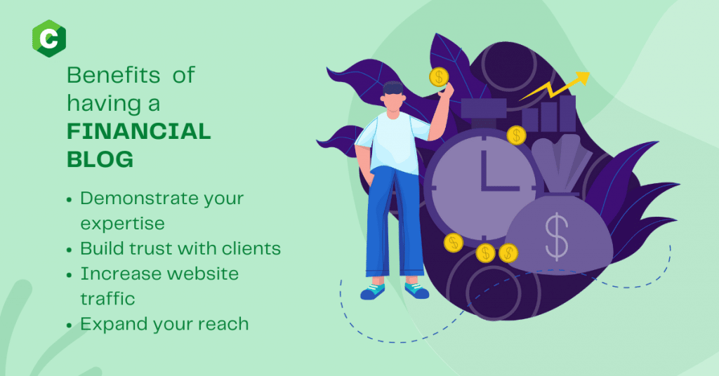 A graphic illustration of a man, a clock, a moneybag, and coins: digital marketing for financial advisors