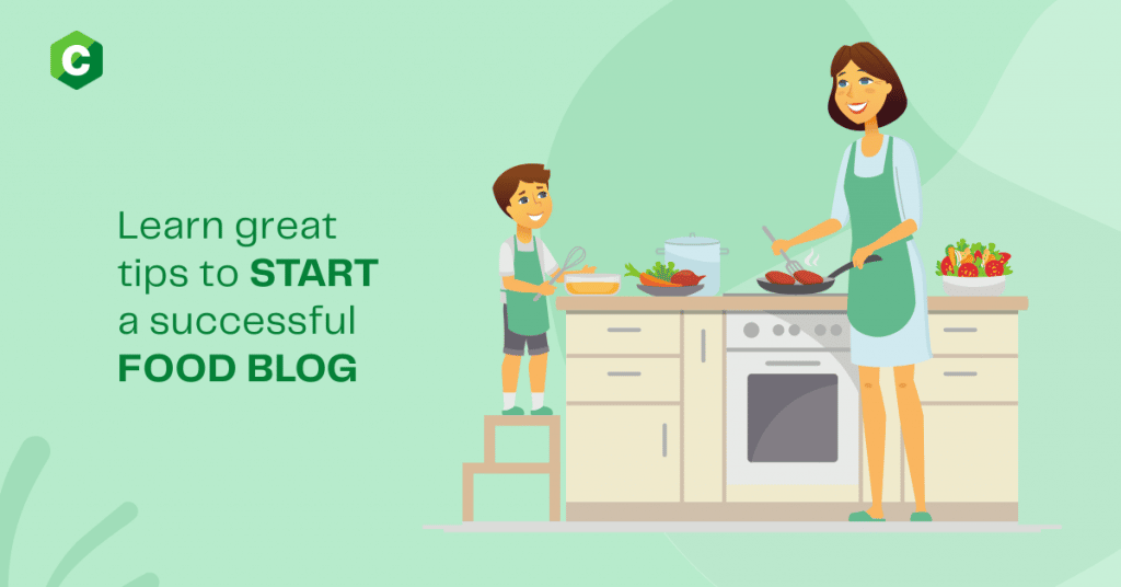 A graphic illustration of a lady and a boy cooking in the kitchen: how to start a food blog