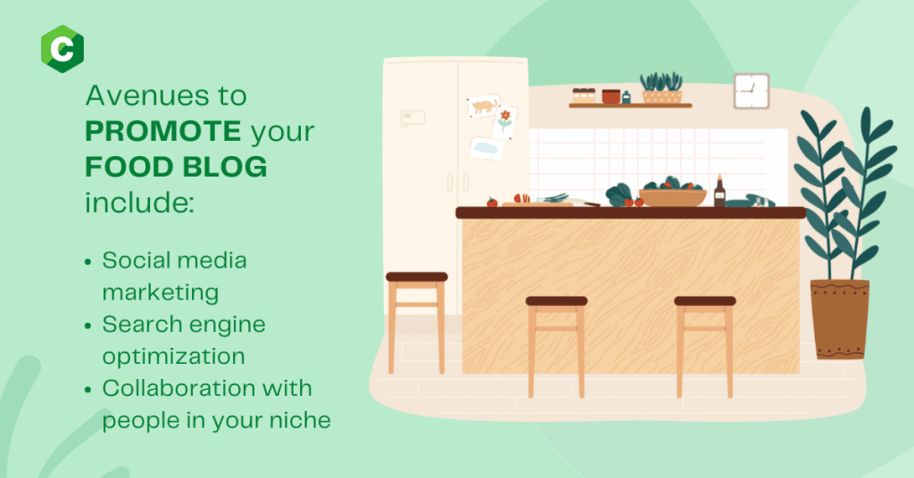 A graphic illustration of a kitchen counter with food on it: how to start a food blog